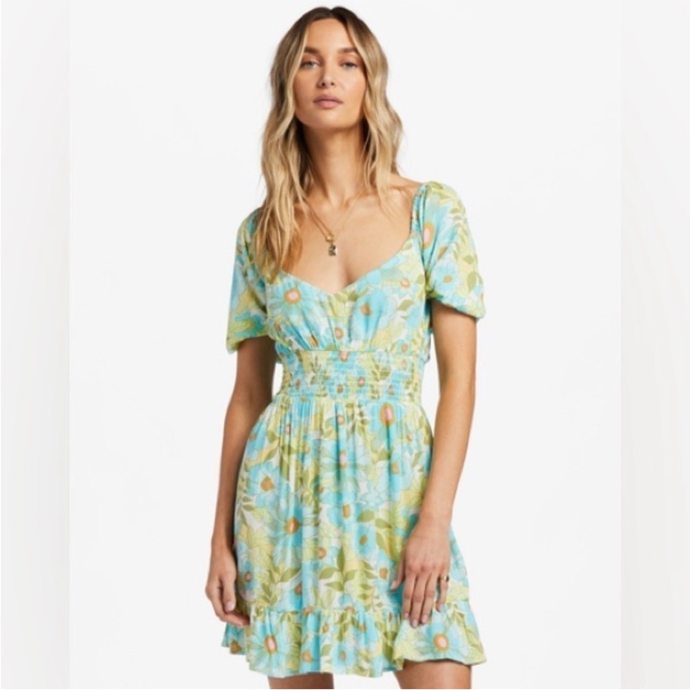 Billabong Floral V-Neck Dress - Blue and Yellow